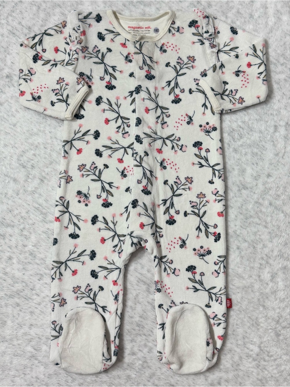 Magnetic Me Floral Velour Footie Sleeper 6-9M Baby Girl Velvet Cozy Ivory